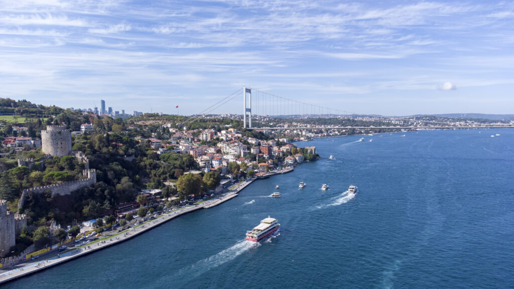 aerial view of rumeli fortress and bosphorus bridge with drone,
